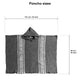 A gray poncho with geometric patterns, displayed flat. It measures 110 cm (43 inches) wide and 90 cm (35 inches) tall. The text states Poncho sizes.