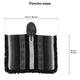 Poncho with a hood displayed flat, featuring black, gray, and white vertical stripes and patterns. Dimensions are labeled as 116 cm (46 inches) wide and 90 cm (35 inches) tall.